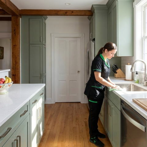A housecleaner in uniform polishes a sink in a newly renovated kitchen.